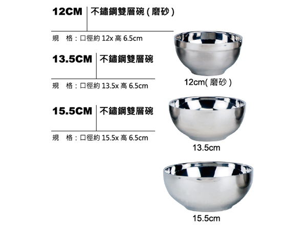 不鏽鋼雙層碗（12CM／13.5CM／15.5CM）